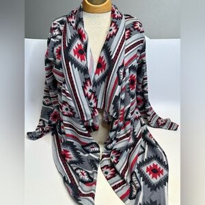 Aztec Print Open-Front Women's Sweater Cardigan - Gray/Red/Black